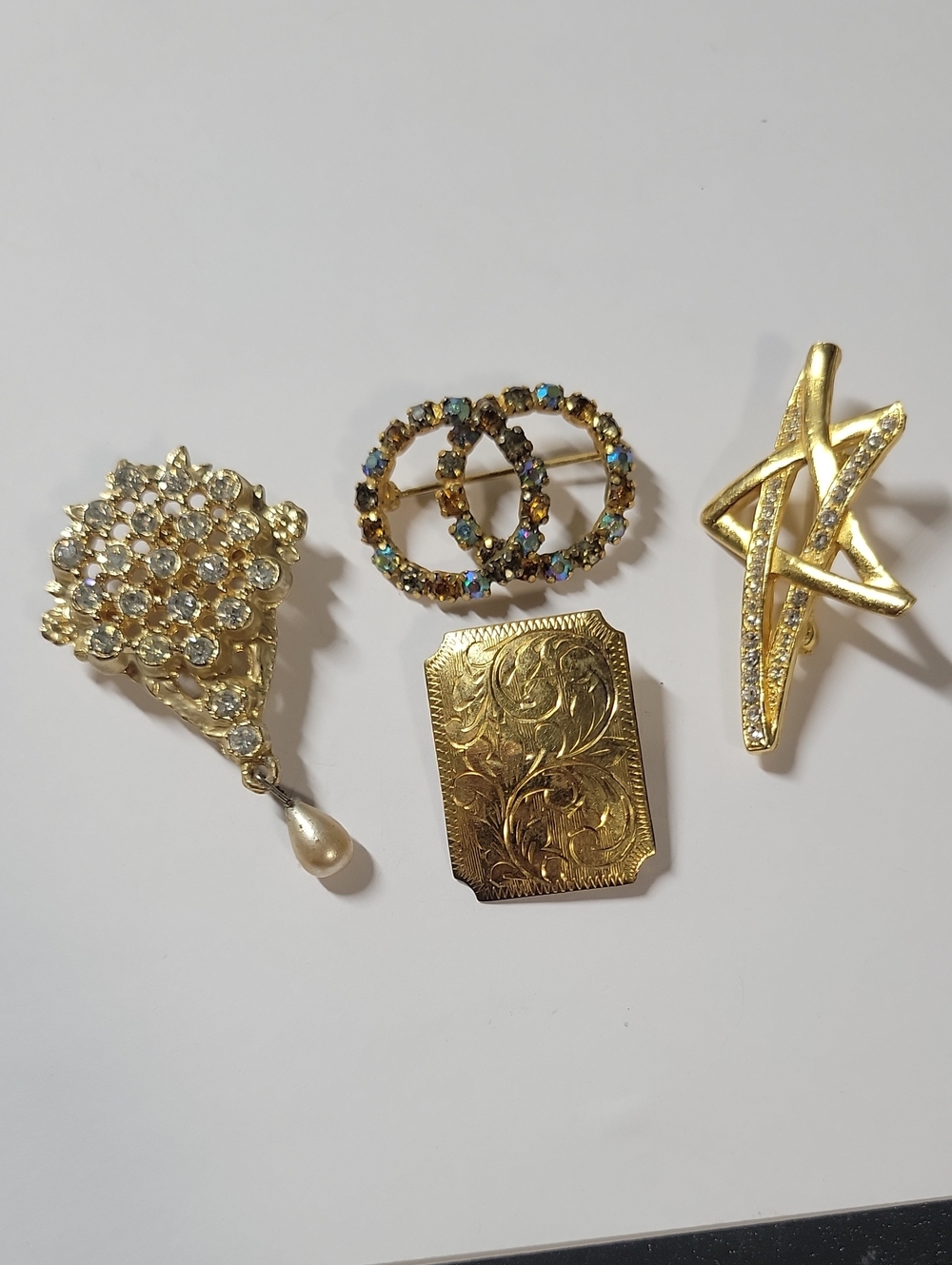 Gold Tone Multi-Brooch Lot with Crystal and Pearl Accents